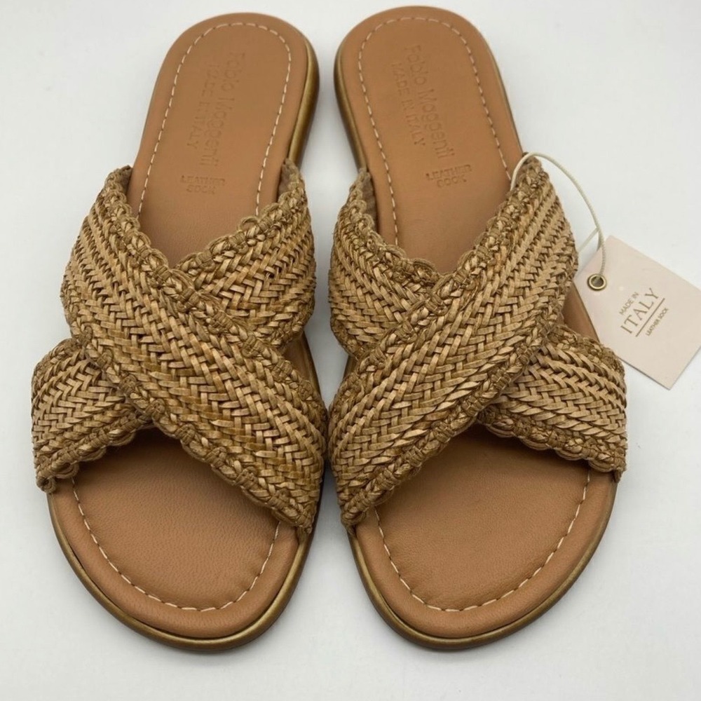 Fabio Maggenti Womens Woven Crisscross Slide Sandals Tan Gold Made in Italy 8M